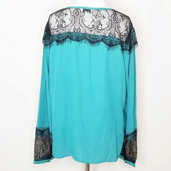 NWT Nicole Miller Green & Black Lace Inset Tie Neck Long Sleeve Blouse L - Picture 4 of 8